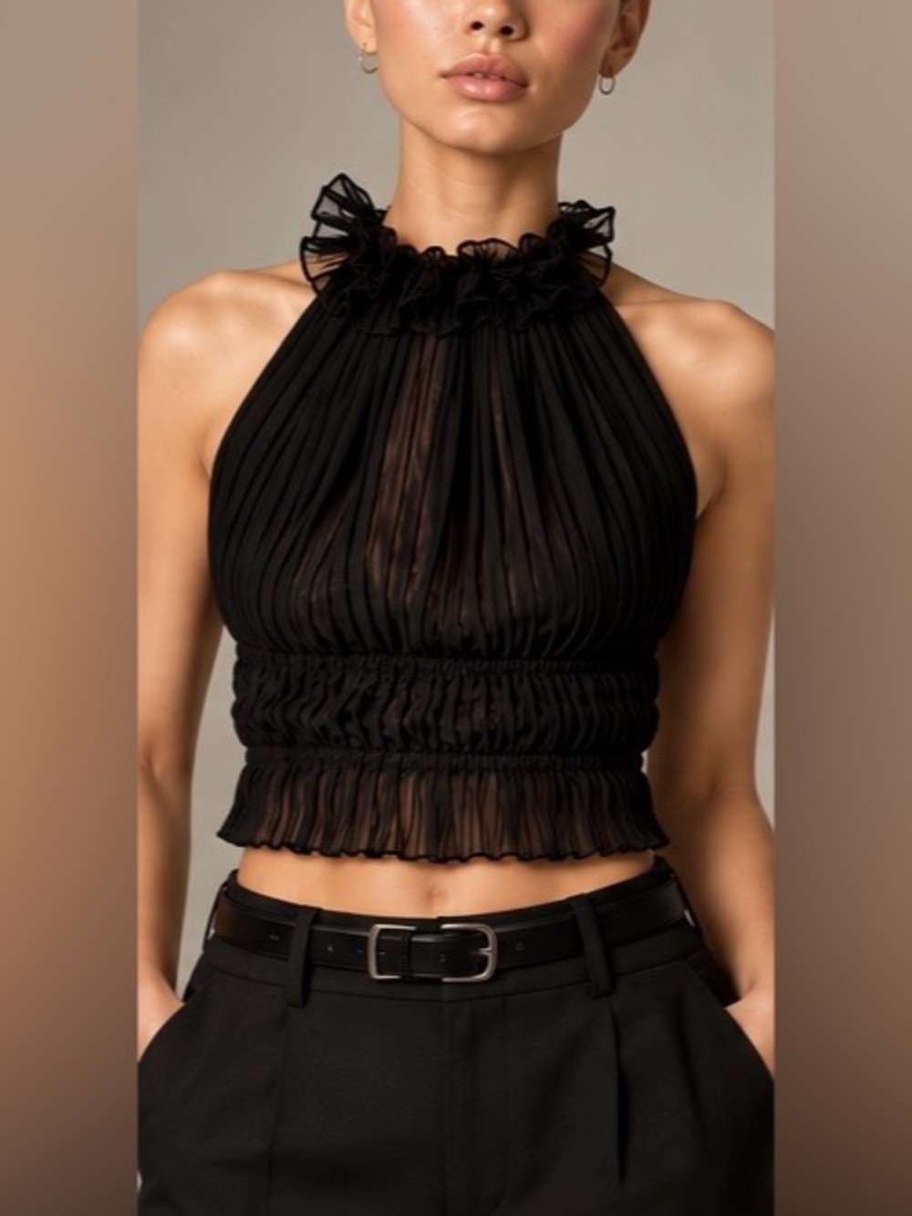 Black Pleated Halter Crop Top